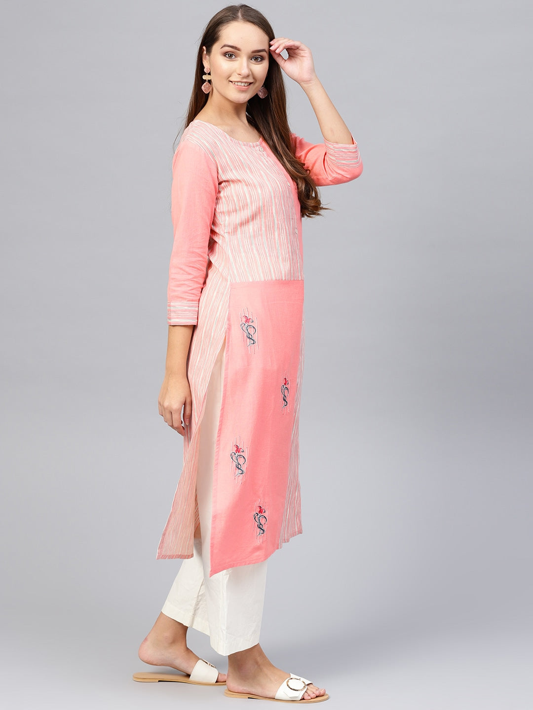 Pink & Off-White Striped Kurta