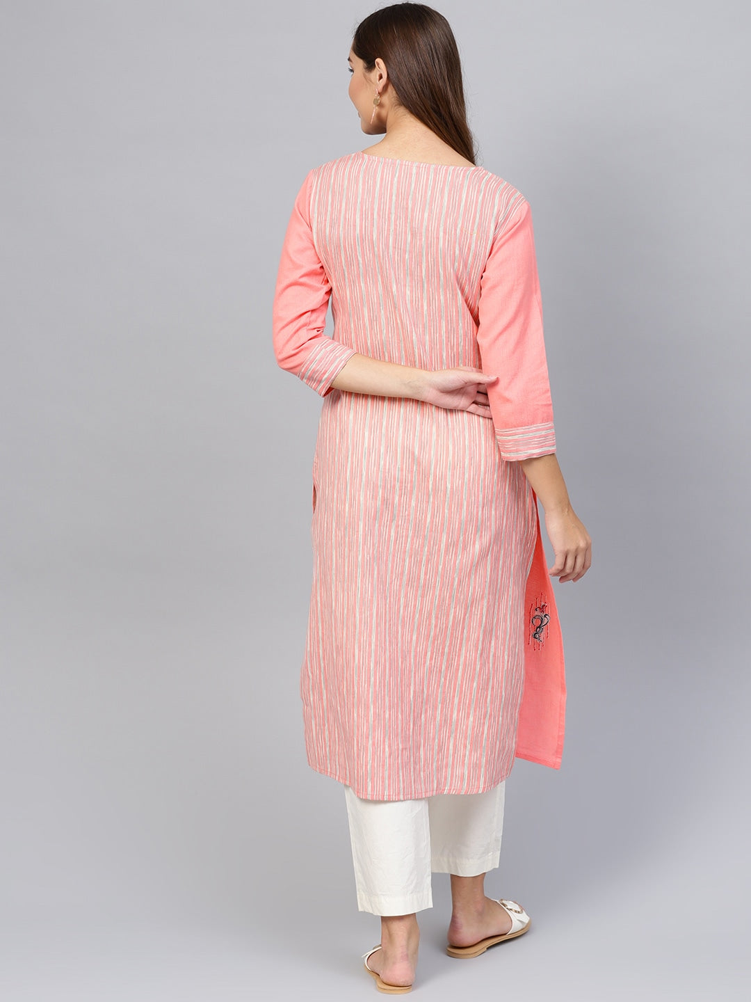 Pink & Off-White Striped Kurta