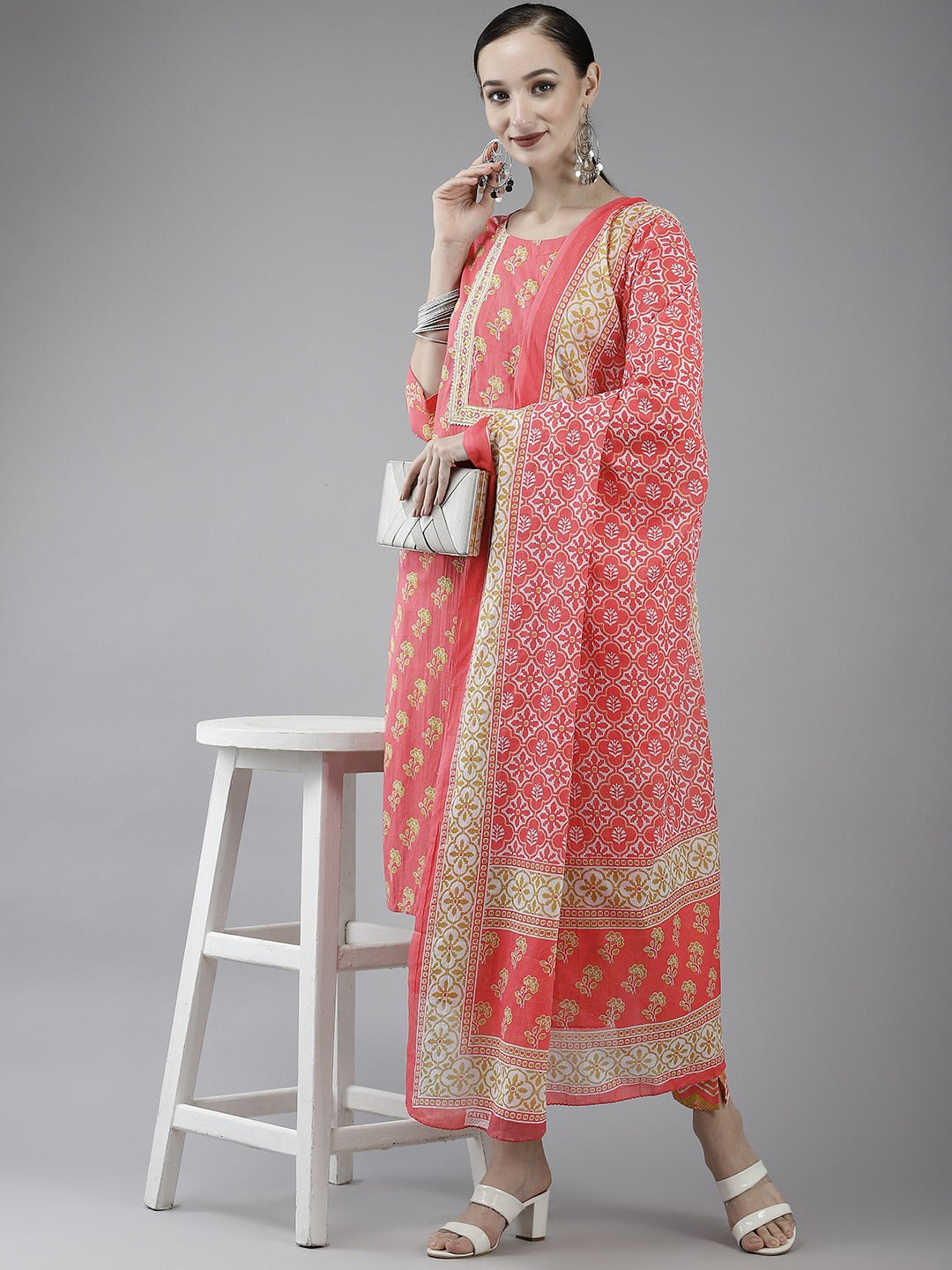 Pink Printed Cotton Dupatta Set-Yufta Store-4779SKDPKM