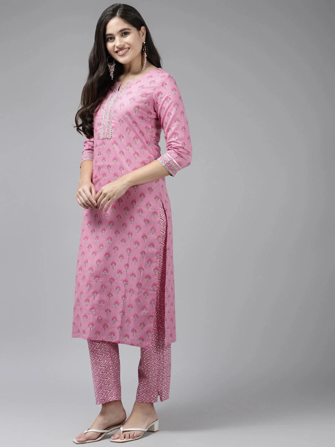 Pink Printed Cotton Dupatta Set-Yufta Store-9839SKDPKS