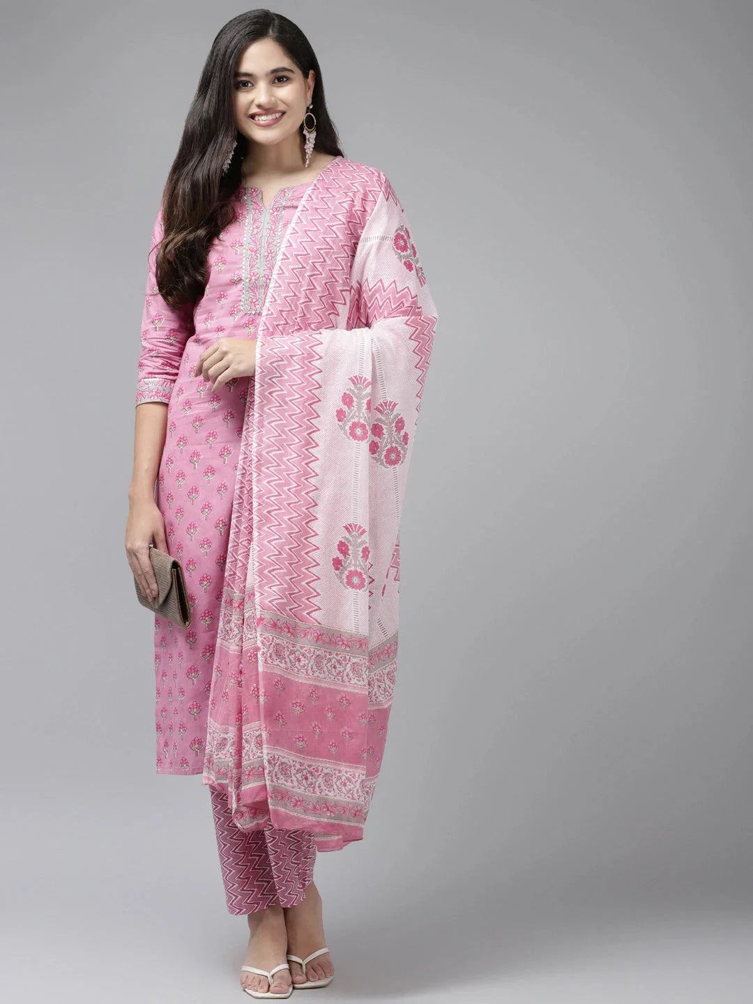 Pink Printed Cotton Dupatta Set-Yufta Store-9839SKDPKS