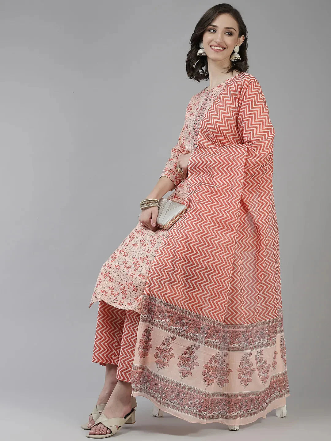 Pink Printed Gotta Patti Dupatta Set-Yufta Store-9728SKDPKS