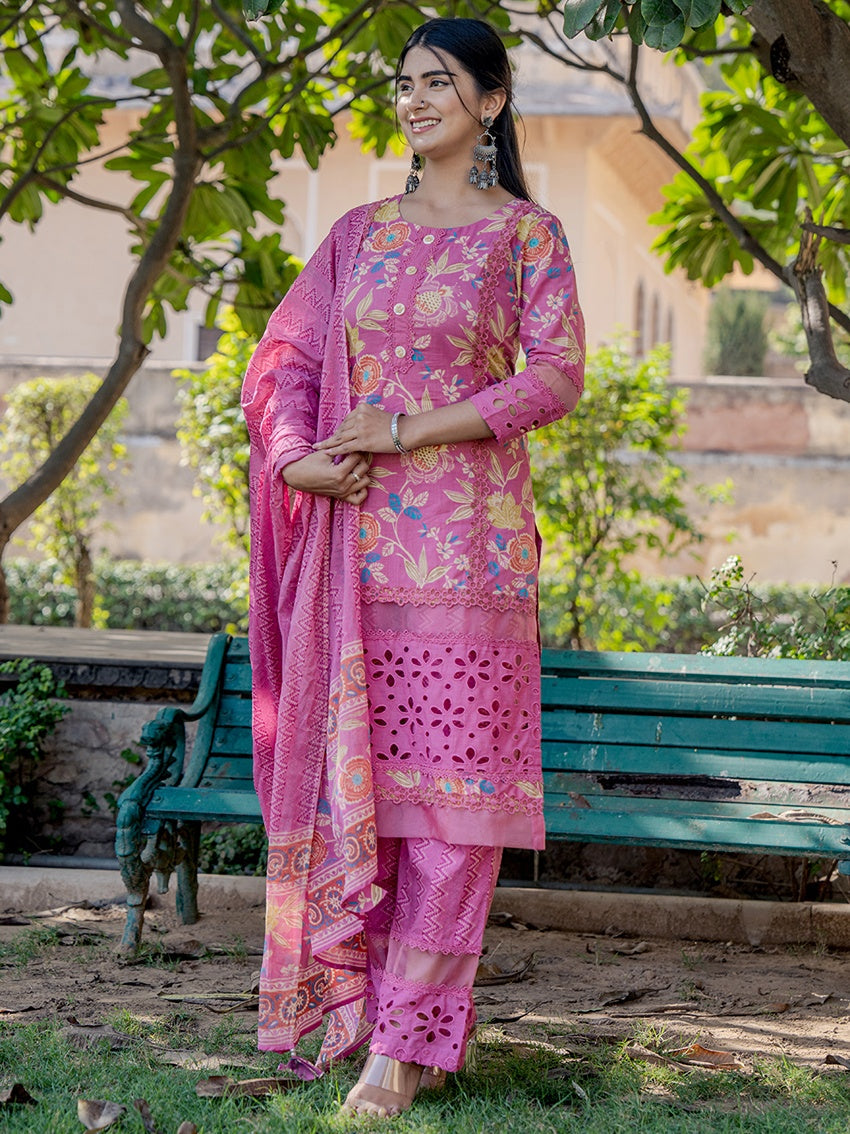 Pink Printed Kurta Pant Dupatta Set