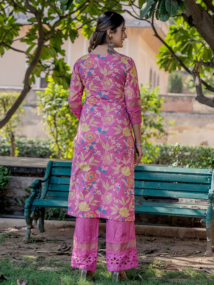 Pink Printed Kurta Pant Dupatta Set