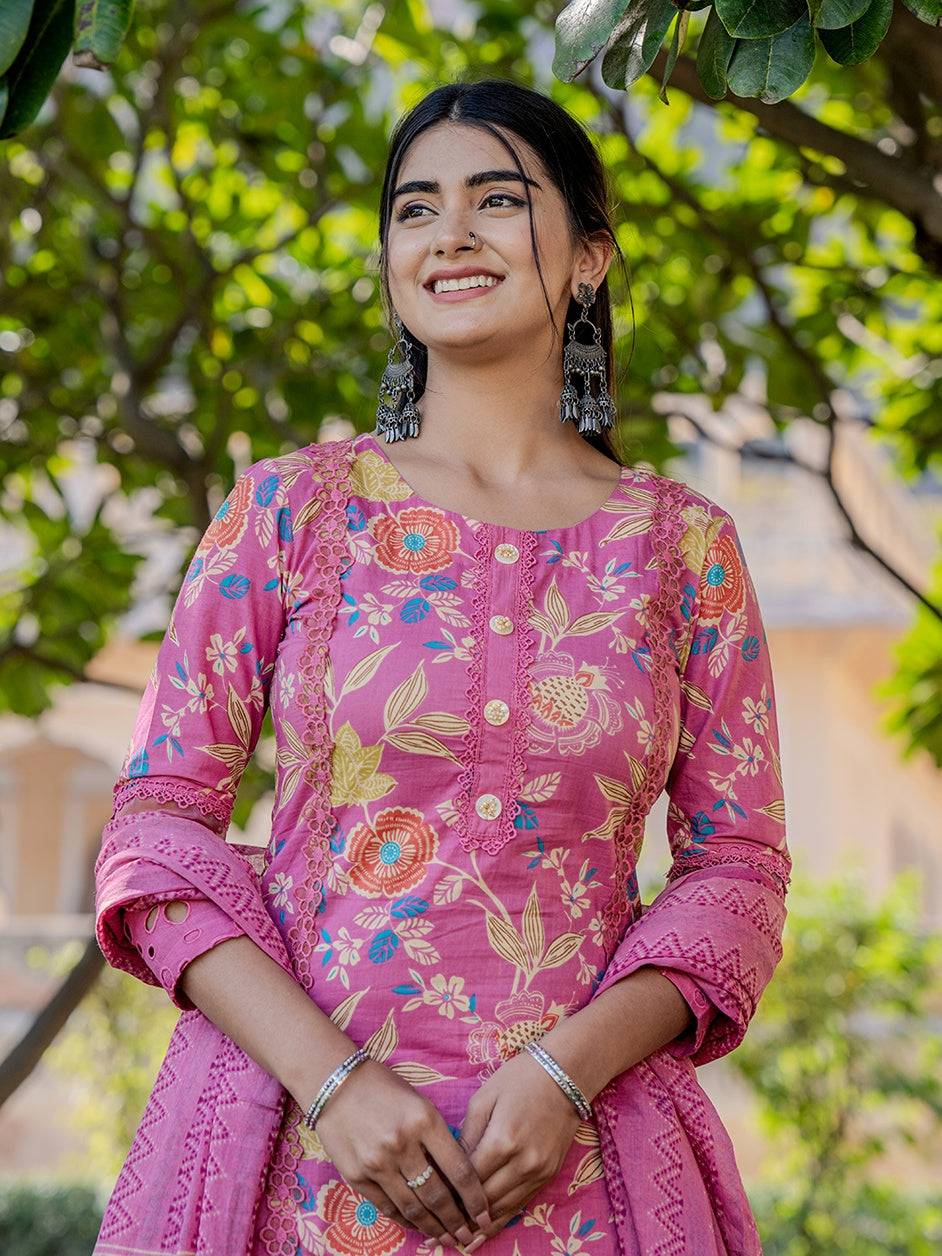 Pink Printed Kurta Pant Dupatta Set