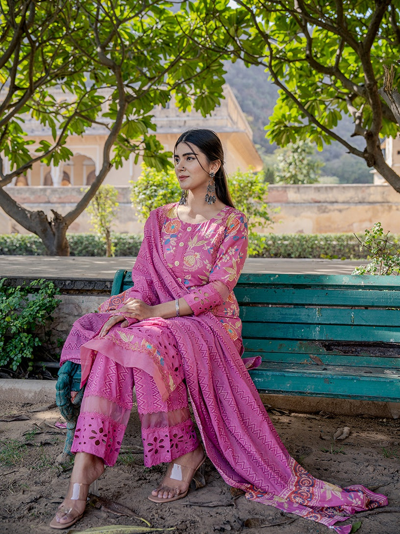 Pink Printed Kurta Pant Dupatta Set