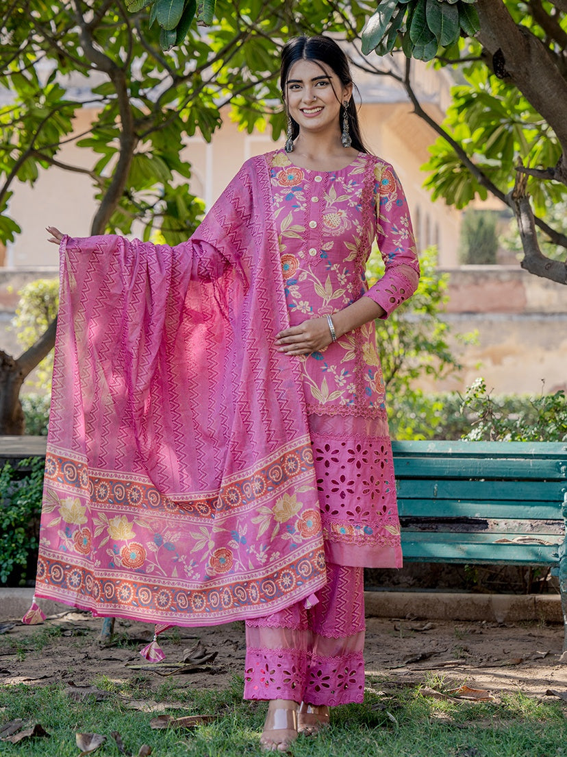 Pink Printed Kurta Pant Dupatta Set