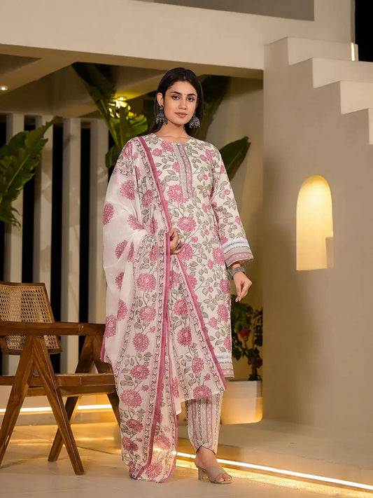 Pink Pure Cotton Floral Print Kurta With Trousers And Dupatta Set-Yufta Store-1006SKDPKS