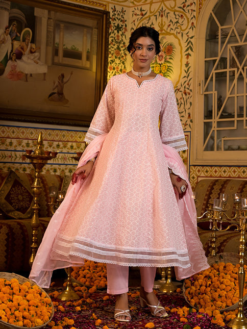 Pink Pure Cotton Sequins work Anarkali Kurta Trouser with Dupatta Set-Yufta Store-1546SKDPKS