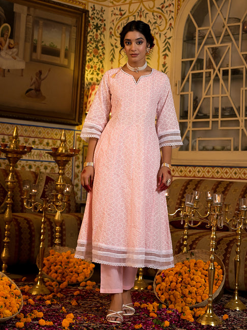 Pink Pure Cotton Sequins work Anarkali Kurta Trouser with Dupatta Set-Yufta Store-1546SKDPKS