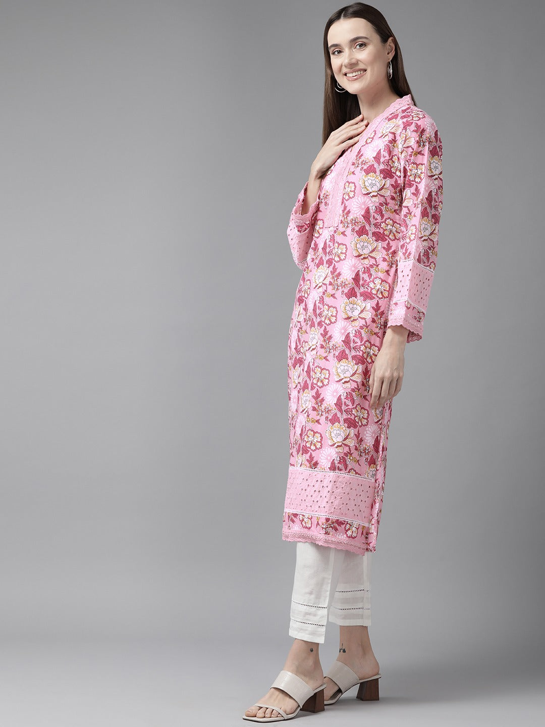 Pink Pure Cotton kurta set with embroidery Kurta Trouser Set-Yufta Store-1792SETPKS