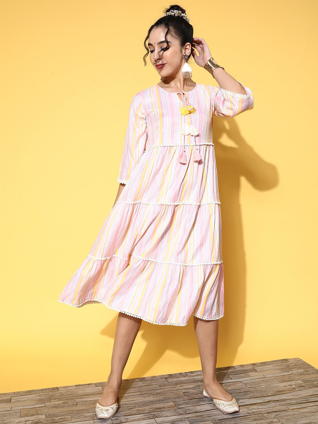 Pink & Yellow Midi Dress-Yufta Store-8109DRSMLTXS