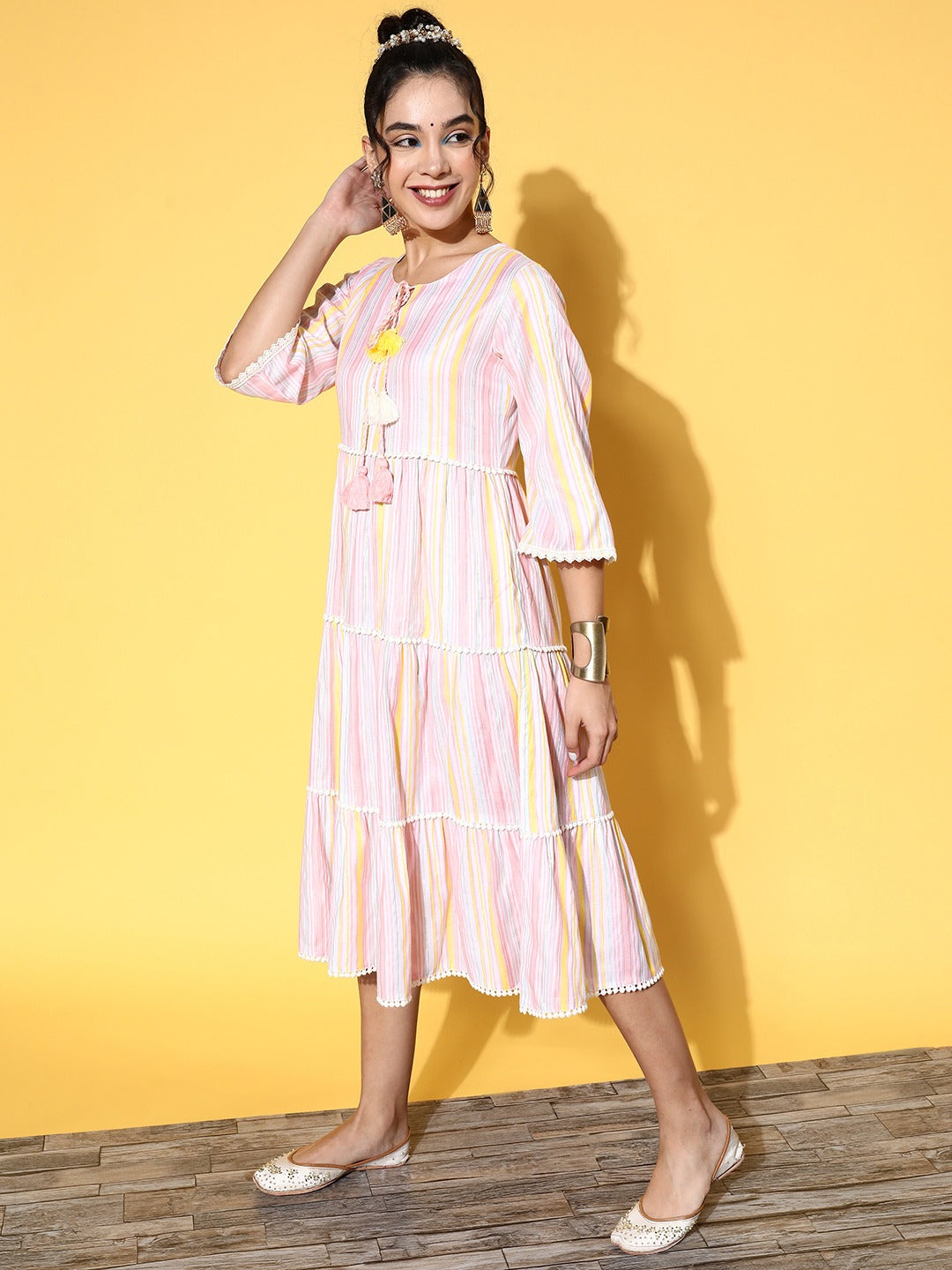 Pink & Yellow Midi Dress-Yufta Store-8109DRSMLTXS