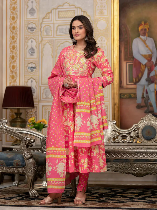 Pink Zari_Work Kurta Pant Dupatta Set-Yufta Store-6930SKDPKS