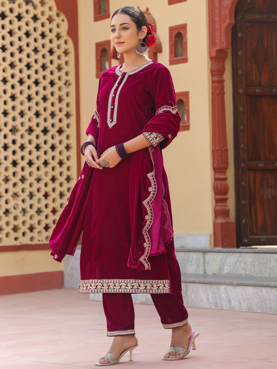 Pink Zari_Work Velvet Straight Kurta Trouser Dupatta Set-Yufta Store-1612SKDPKS