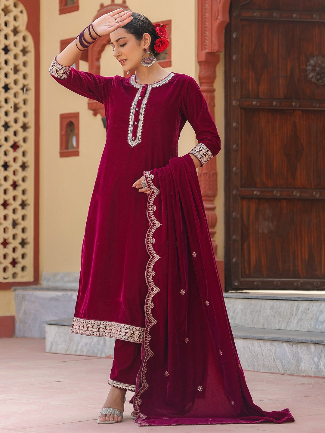 Pink Zari_Work Velvet Straight Kurta Trouser Dupatta Set-Yufta Store-1612SKDPKS