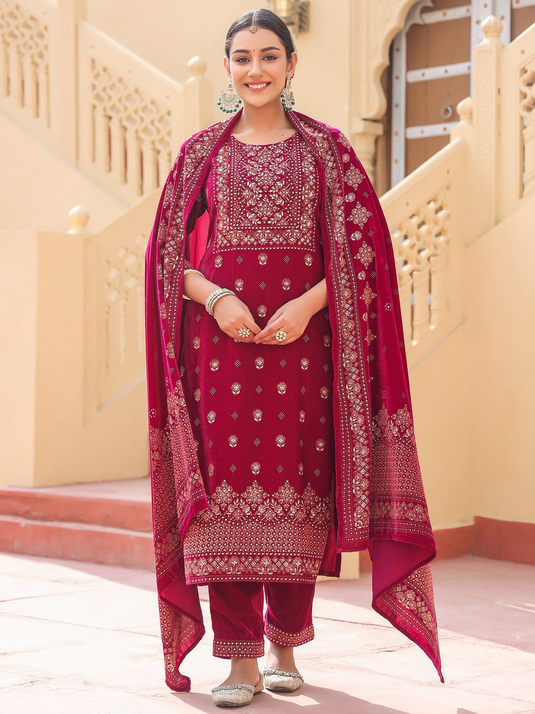 Pink velvet kurta dupatta set-Yufta Store-1672SKDPKS