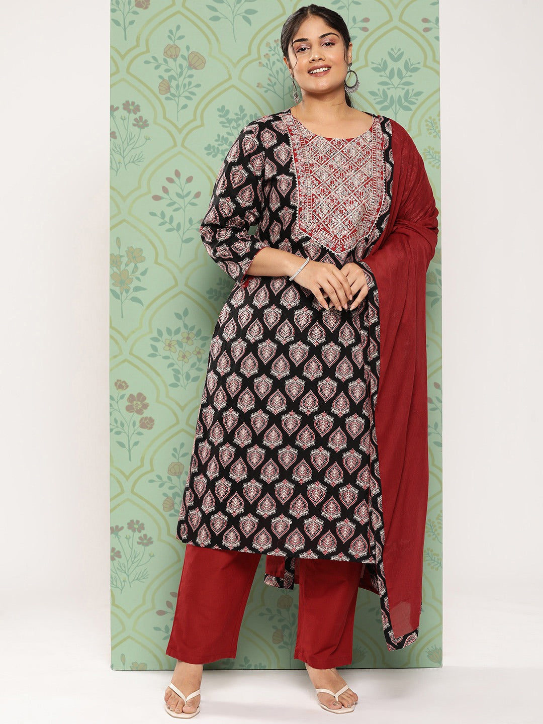 Plus Size Black Ethnic Embroidered Zari Pure Cotton Kurta with Trousers & Dupatta-Yufta Store-1392PSKDBK3XL