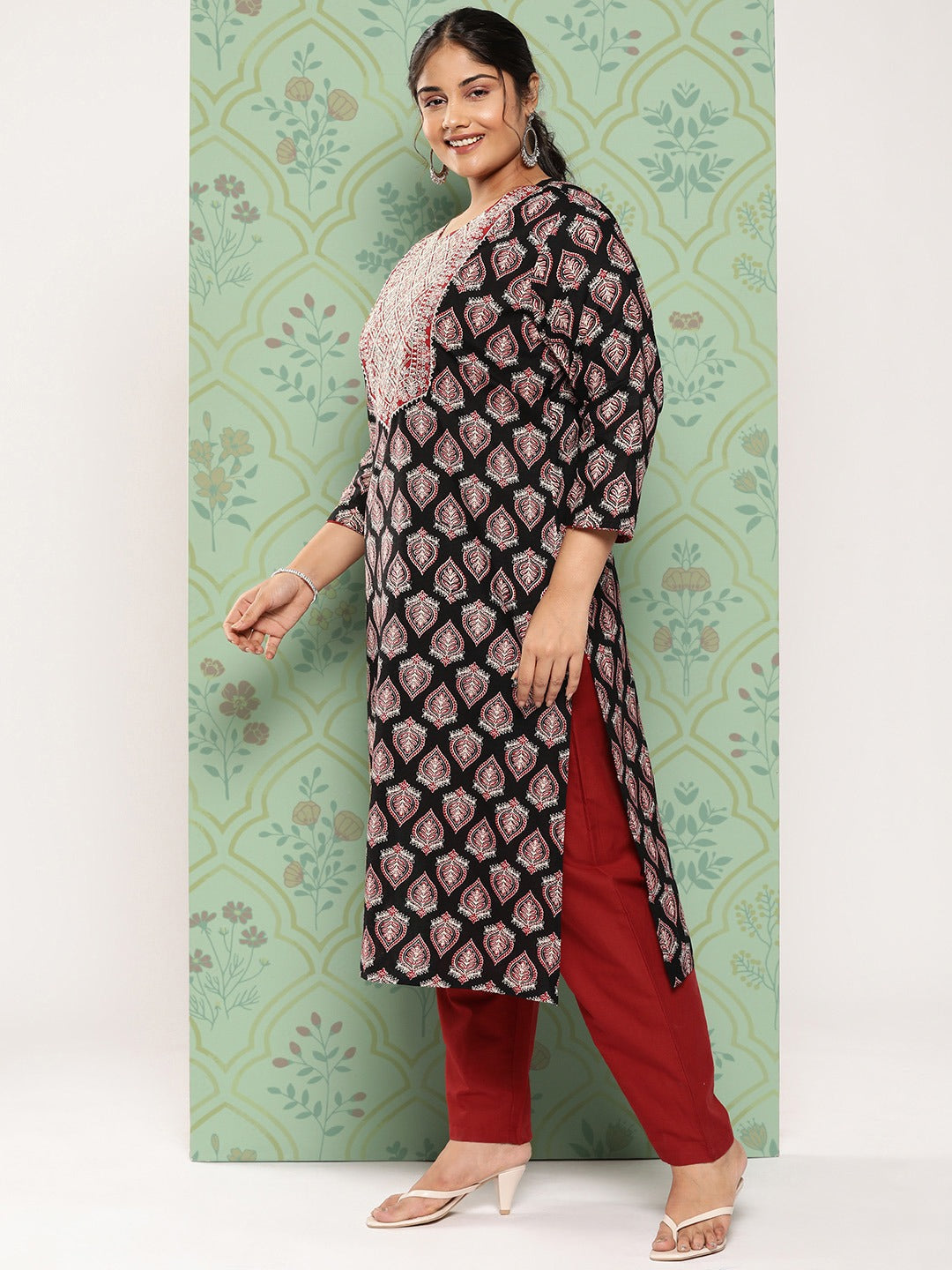 Plus Size Black Ethnic Embroidered Zari Pure Cotton Kurta with Trousers & Dupatta-Yufta Store-1392PSKDBK3XL