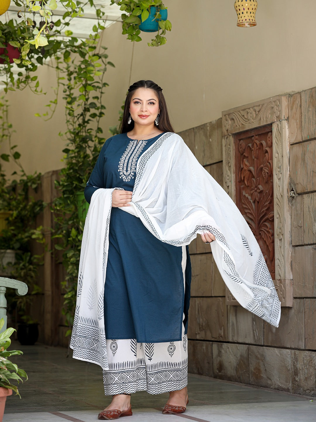 Plus Size Embroidered Cotton Kurta Dupatta Set-Yufta Store-7490PSETBL3XL