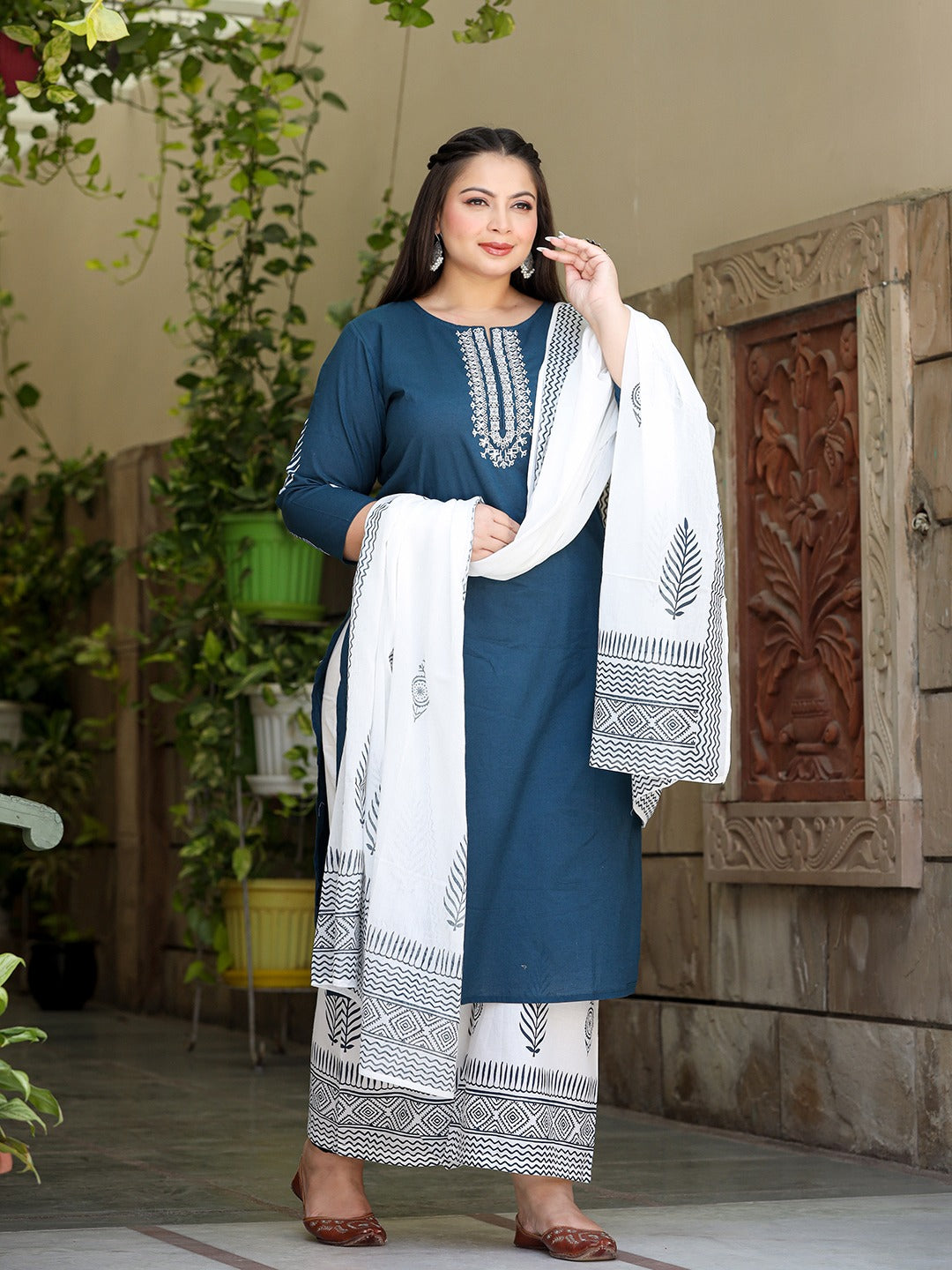 Plus Size Embroidered Cotton Kurta Dupatta Set-Yufta Store-7490PSETBL3XL