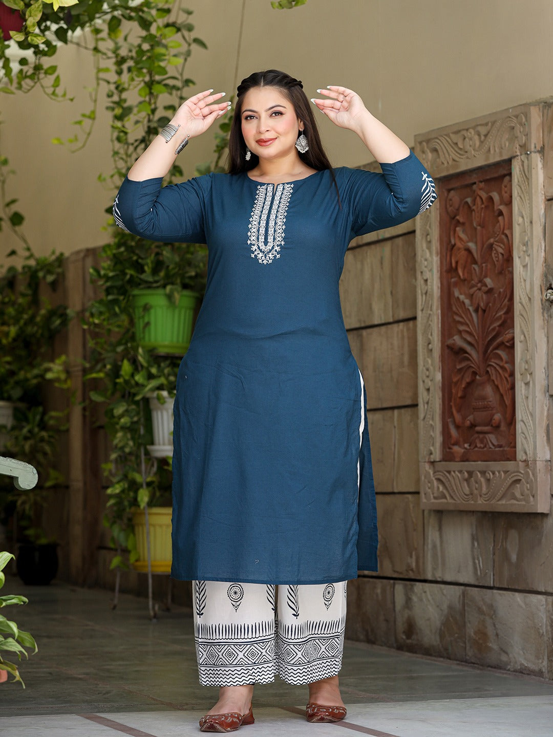 Plus Size Embroidered Cotton Kurta Dupatta Set-Yufta Store-7490PSETBL3XL