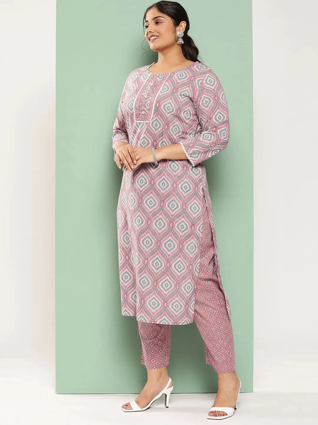 Plus Size Ethnic Motifs Printed Regular Sequined Pure Cotton Kurta Set