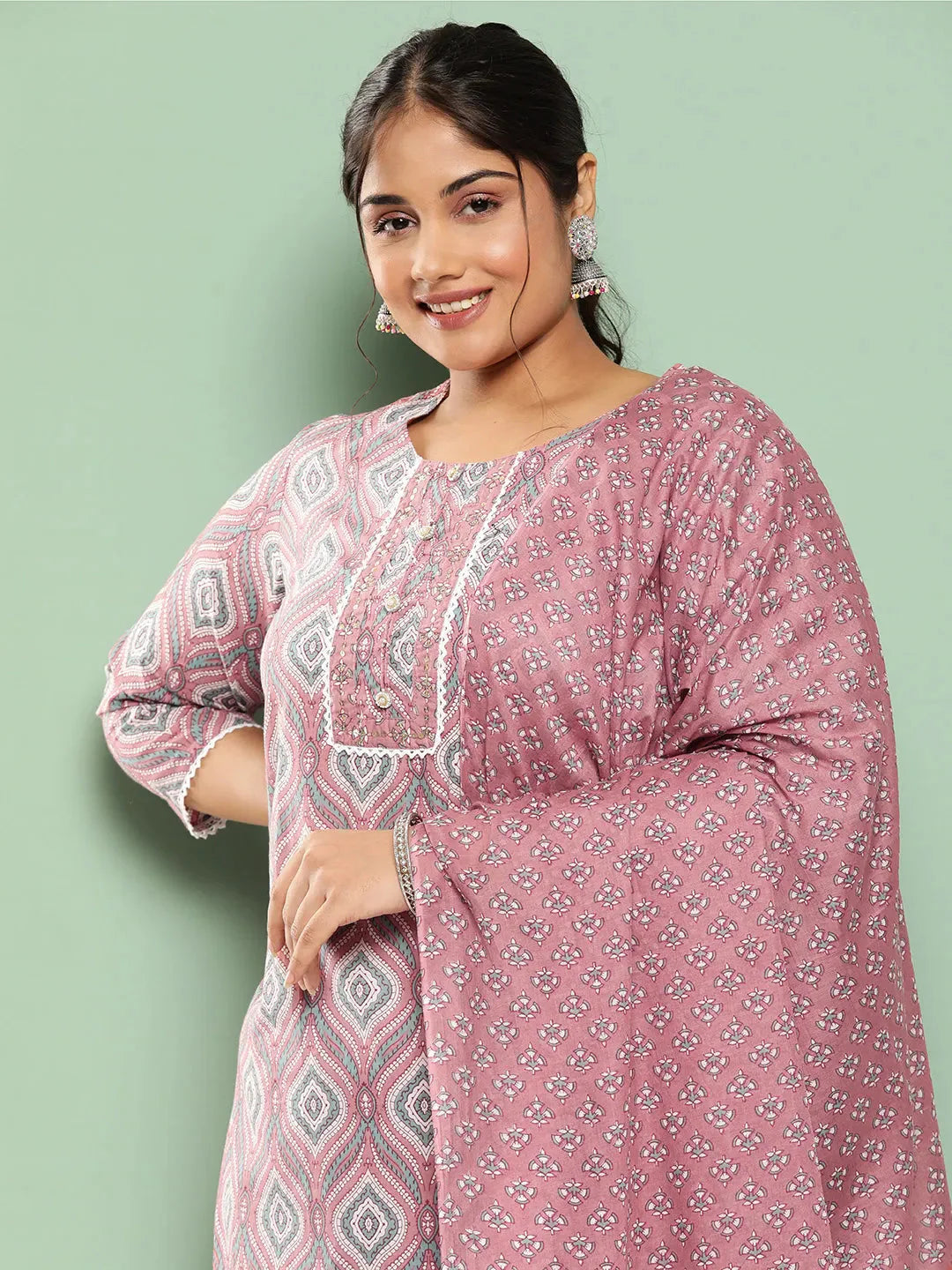 Plus Size Ethnic Motifs Printed Regular Sequined Pure Cotton Kurta Set