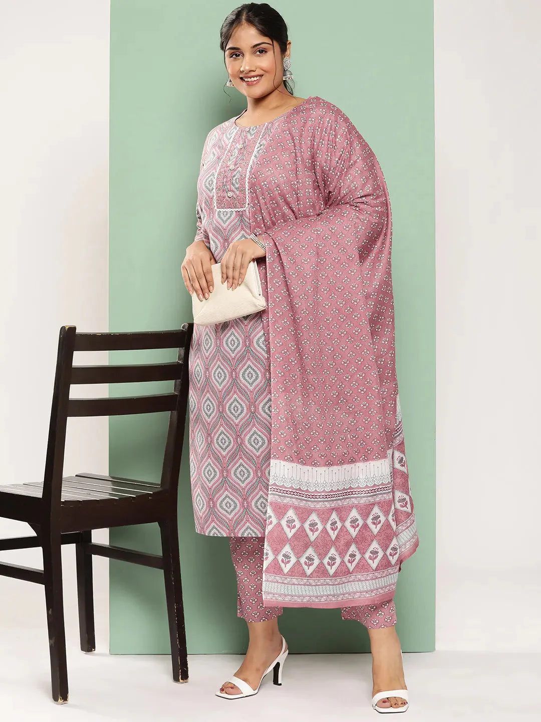 Plus Size Ethnic Motifs Printed Regular Sequined Pure Cotton Kurta Set