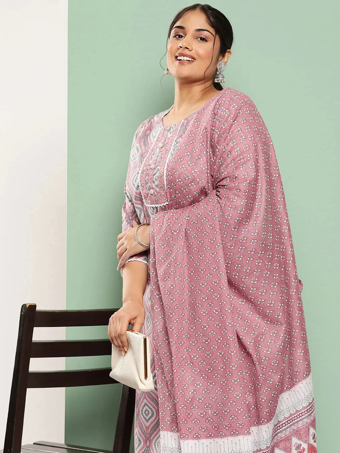 Plus Size Ethnic Motifs Printed Regular Sequined Pure Cotton Kurta Set