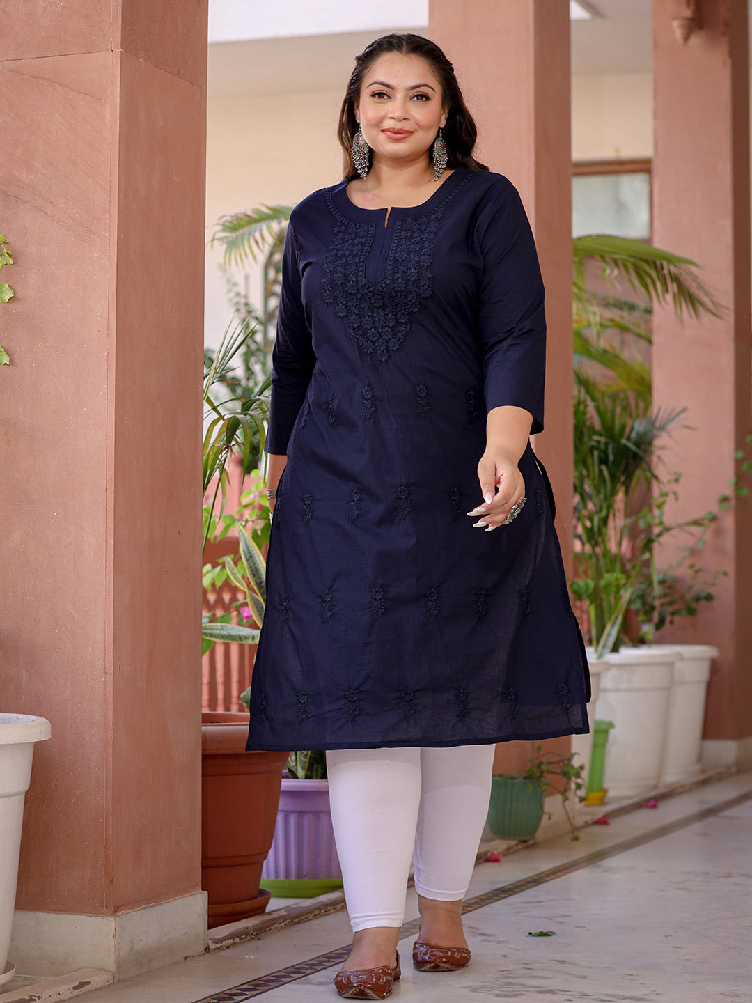 Navy Blue Floral Plus Size Chikankari Kurti Women-Yufta Store-1285PKURBL3XL