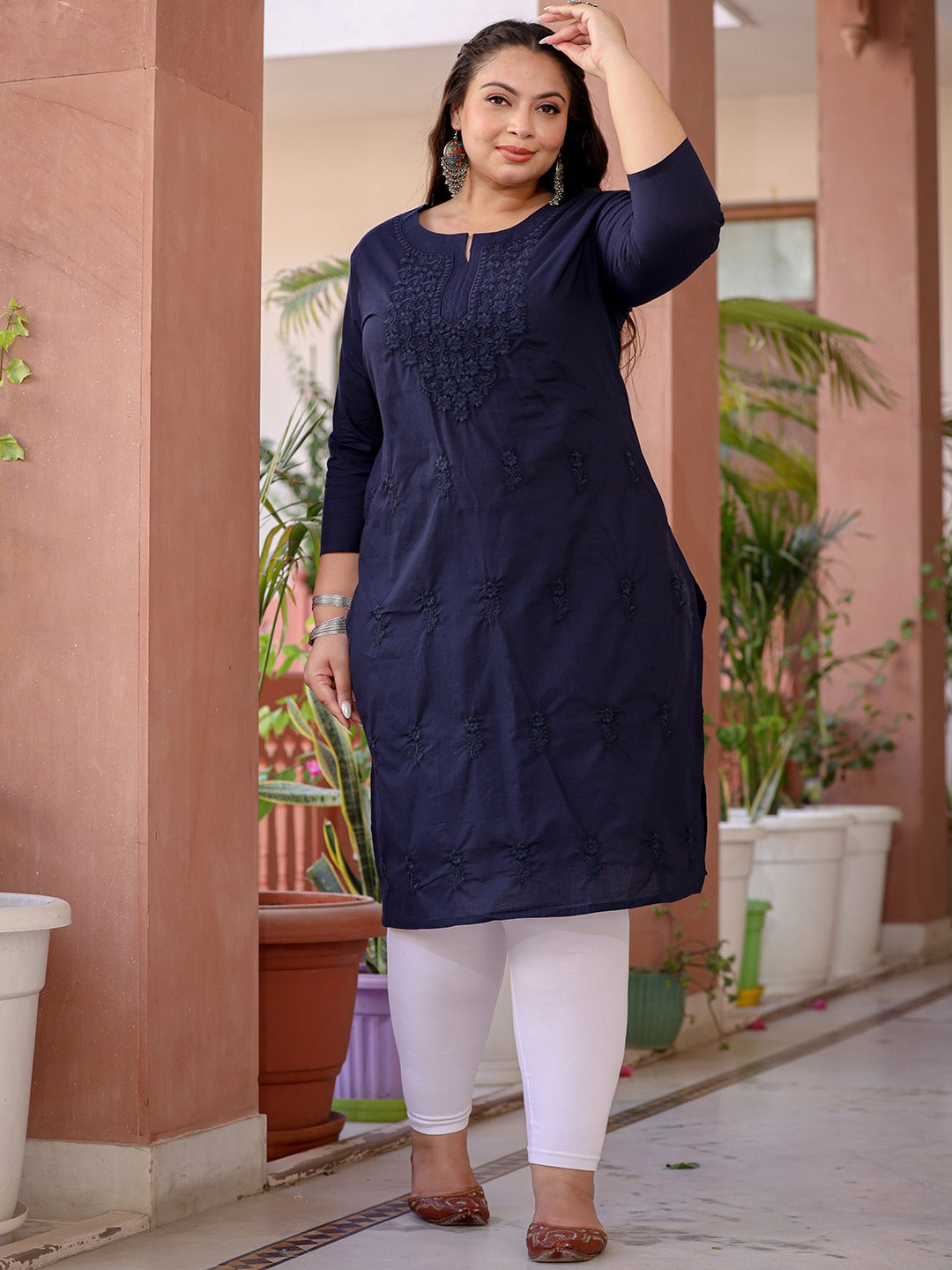 Navy Blue Floral Plus Size Chikankari Kurti Women-Yufta Store-1285PKURBL3XL