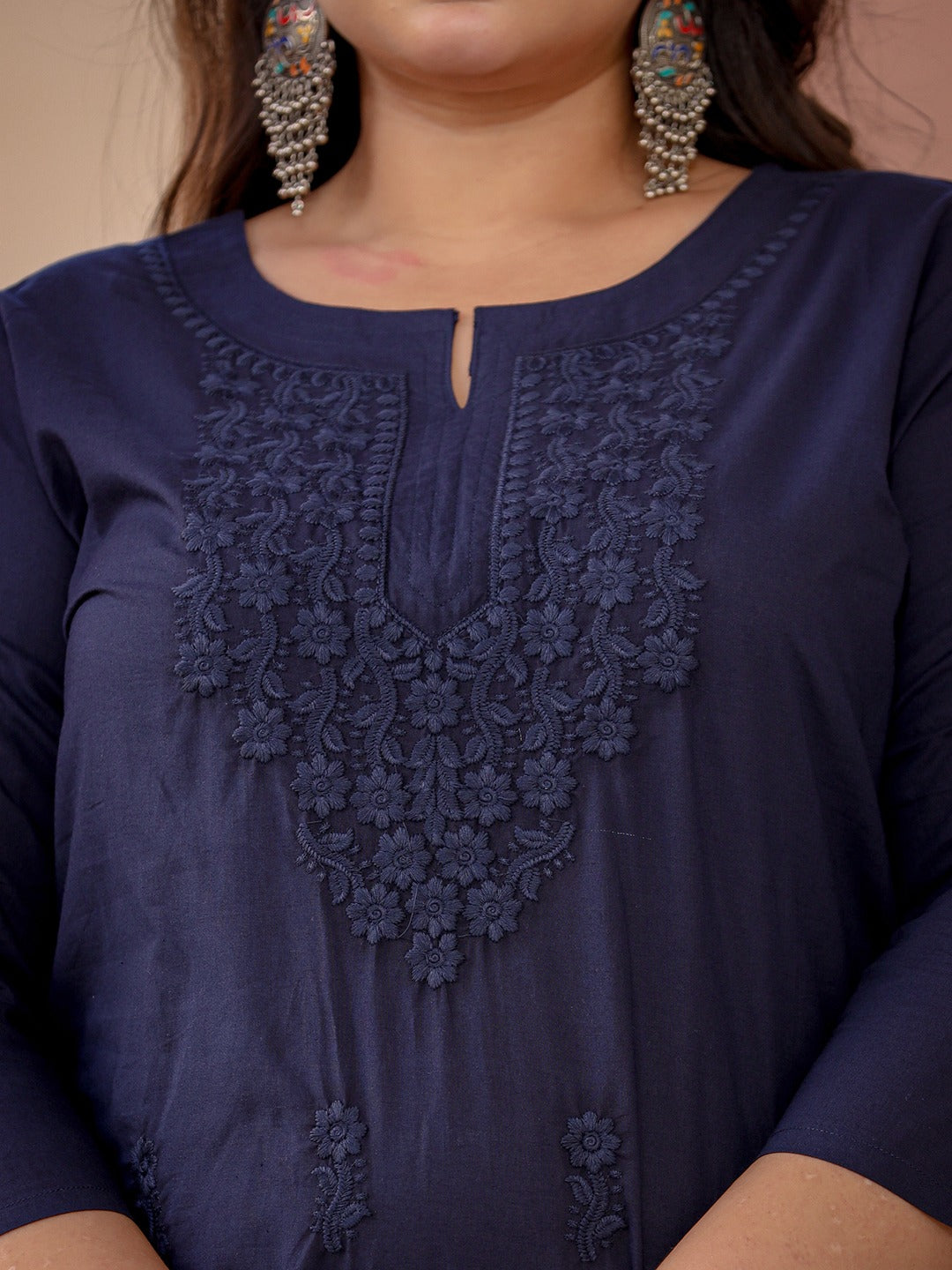 Navy Blue Floral Plus Size Chikankari Kurti Women-Yufta Store-1285PKURBL3XL