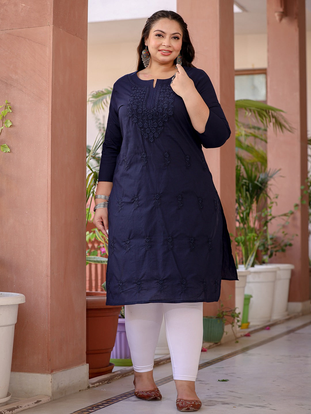 Navy Blue Floral Plus Size Chikankari Kurti Women-Yufta Store-1285PKURBL3XL