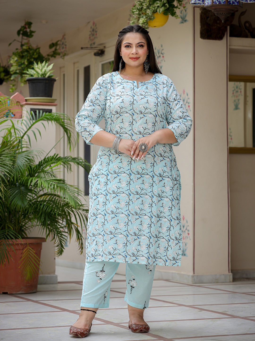 Plus Size Floral Cotton Kurta Dupatta Set-Yufta Store-9305PSKDSB3XL