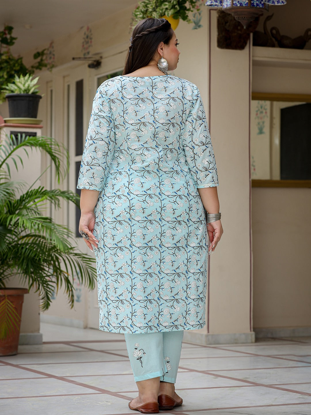 Plus Size Floral Cotton Kurta Dupatta Set-Yufta Store-9305PSKDSB3XL