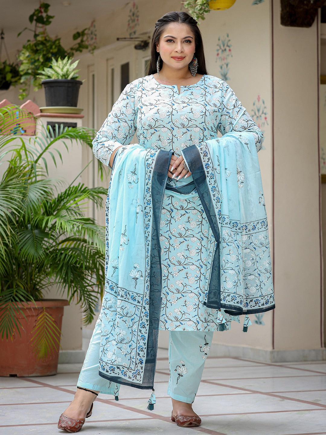 Plus Size Floral Cotton Kurta Dupatta Set-Yufta Store-9305PSKDSB3XL