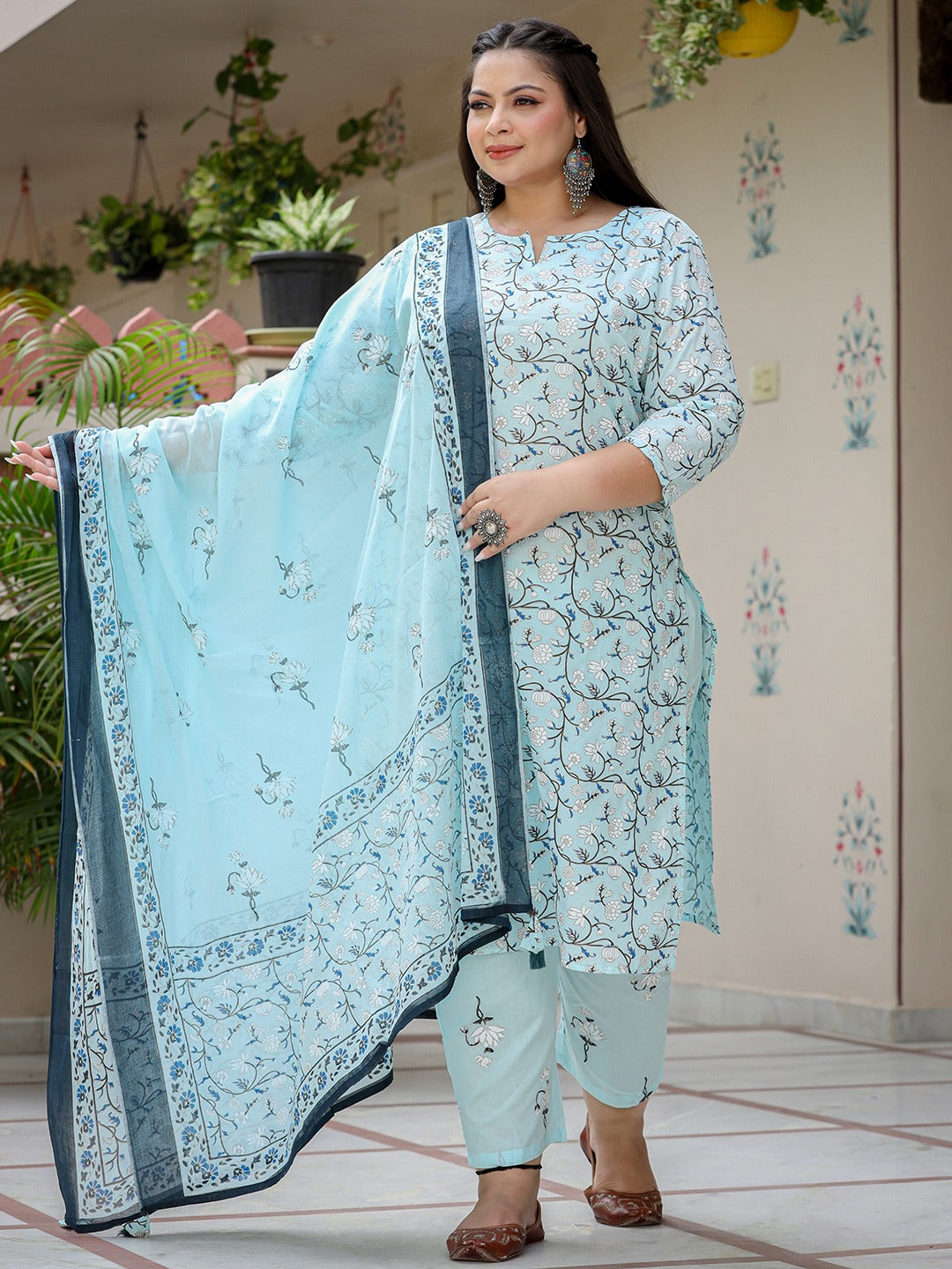 Plus Size Floral Cotton Kurta Dupatta Set-Yufta Store-9305PSKDSB3XL