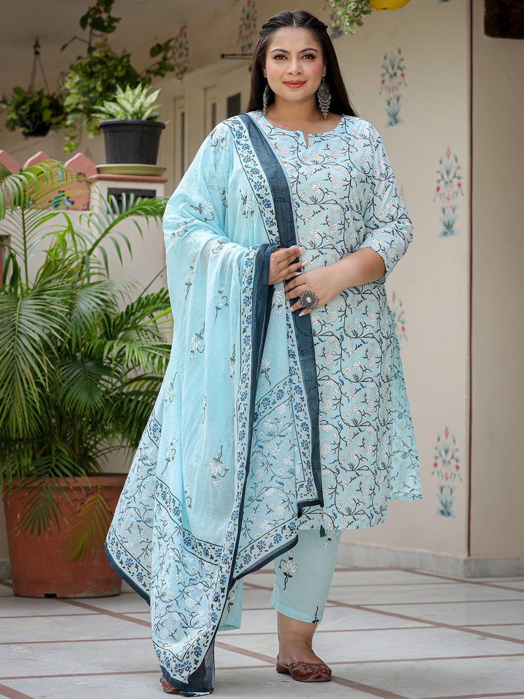 Plus Size Floral Cotton Kurta Dupatta Set-Yufta Store-9305PSKDSB3XL