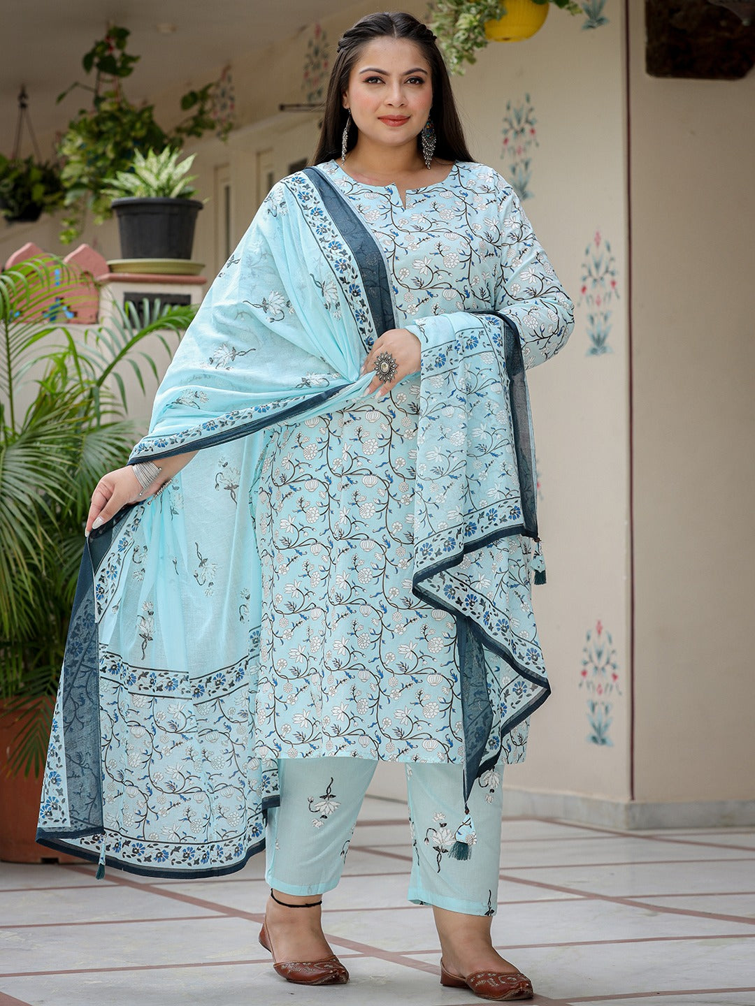 Plus Size Floral Cotton Kurta Dupatta Set-Yufta Store-9305PSKDSB3XL