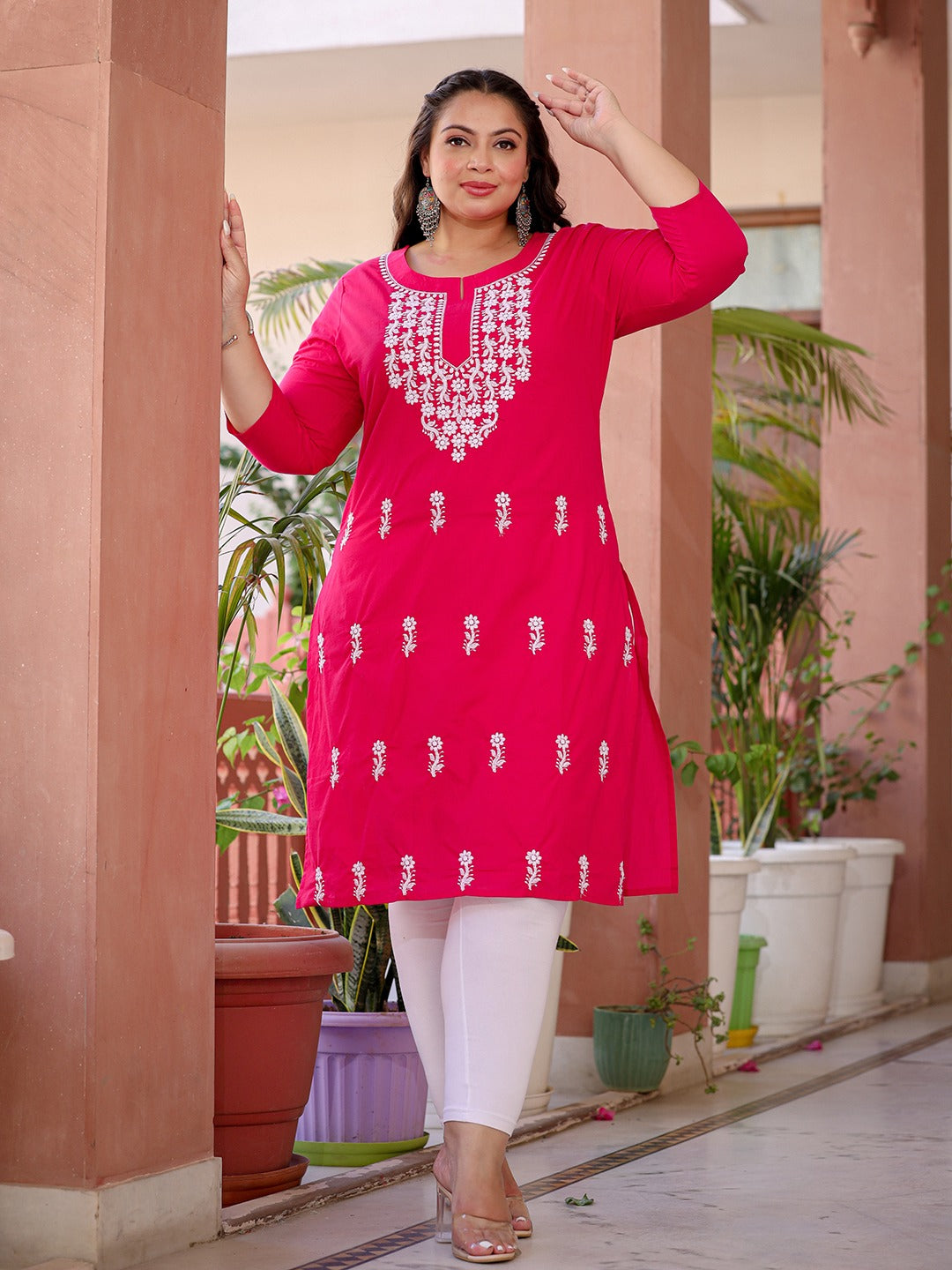 Pink & White Embroidered Plus Size Chikankari Kurti-Yufta Store-1497PKURHP3XL