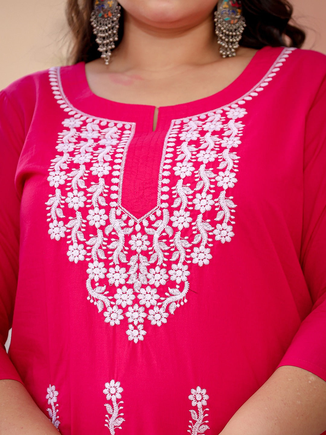 Pink & White Embroidered Plus Size Chikankari Kurti-Yufta Store-1497PKURHP3XL