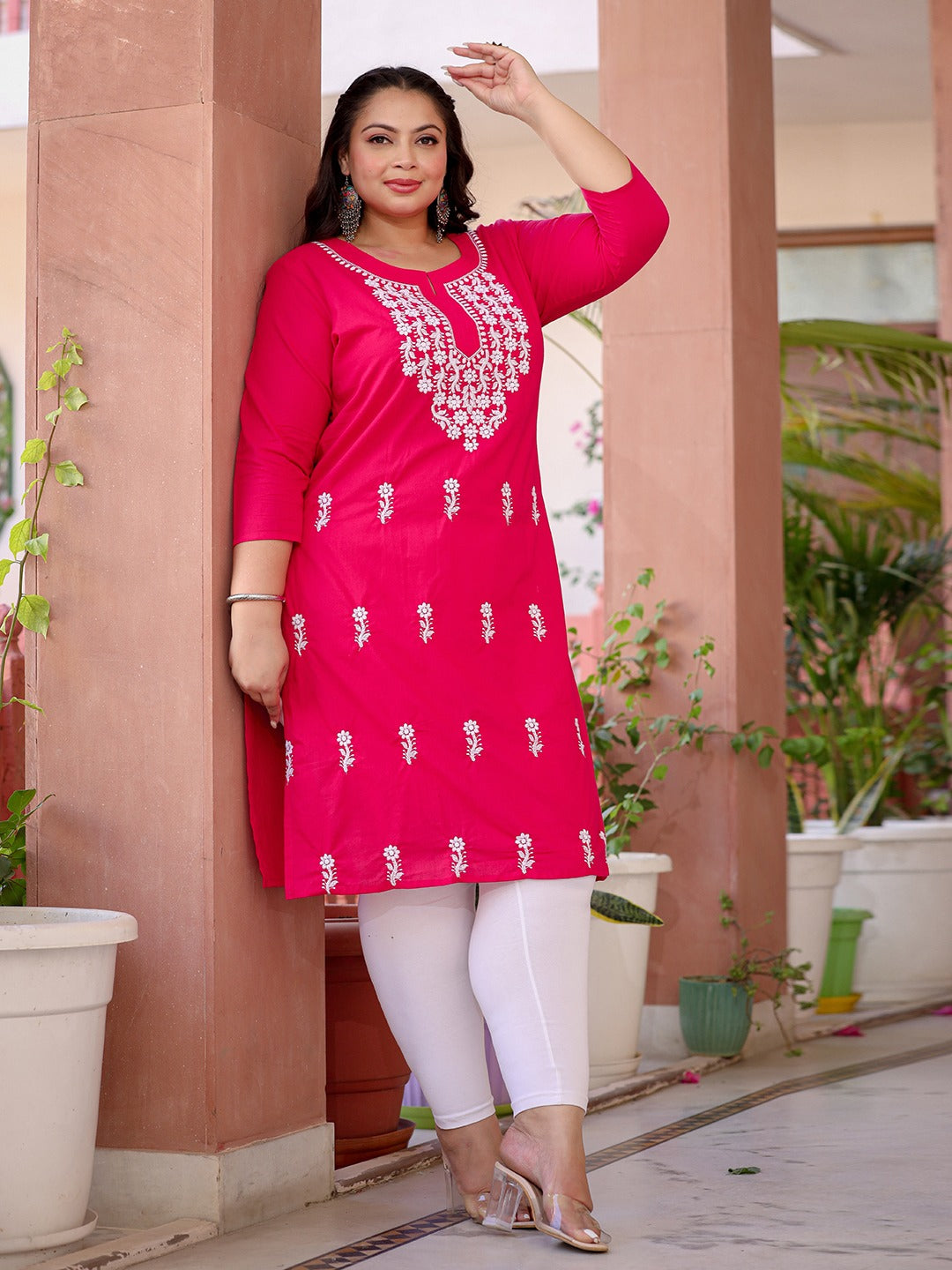 Pink & White Embroidered Plus Size Chikankari Kurti-Yufta Store-1497PKURHP3XL