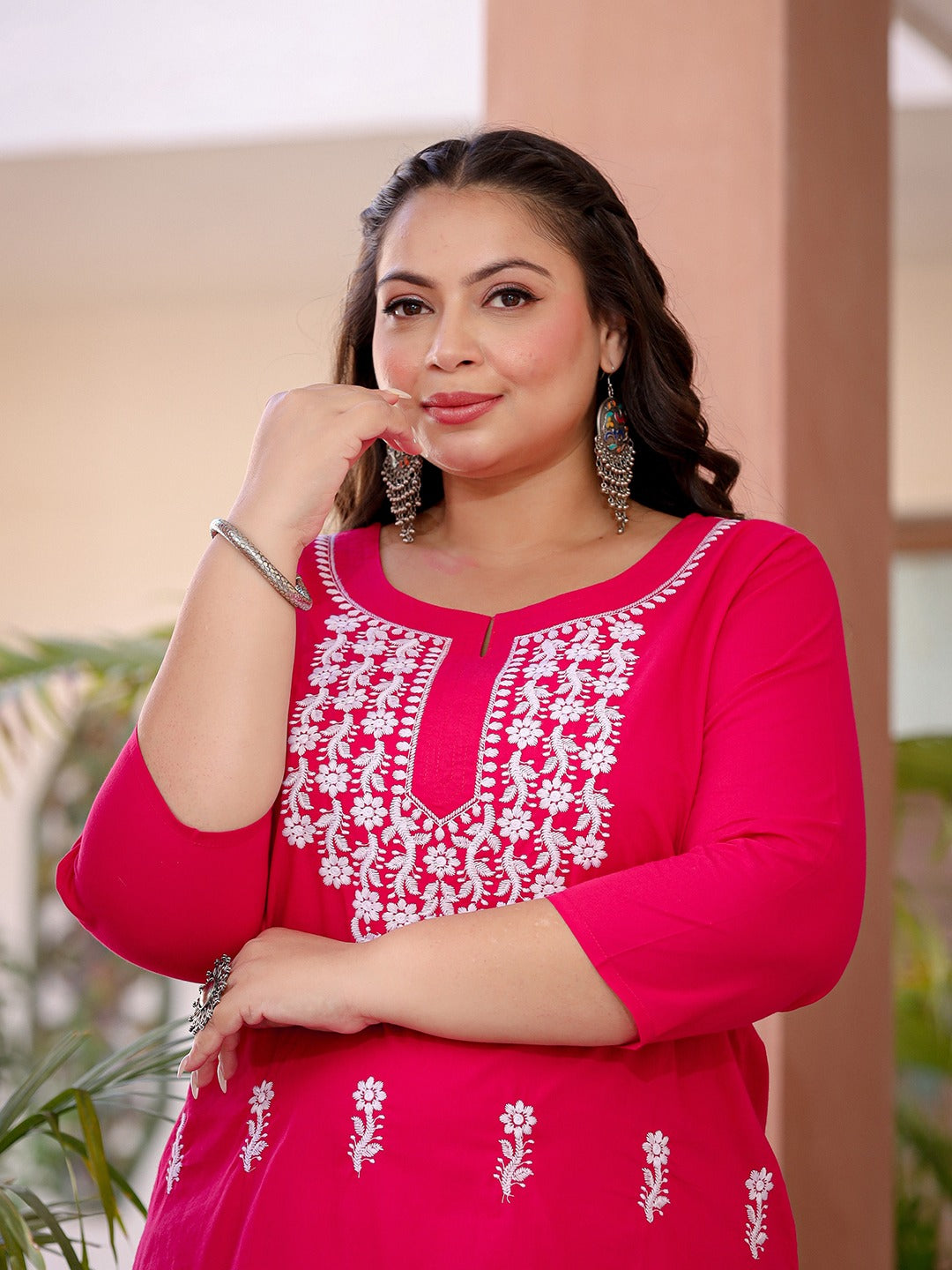 Pink & White Embroidered Plus Size Chikankari Kurti-Yufta Store-1497PKURHP3XL