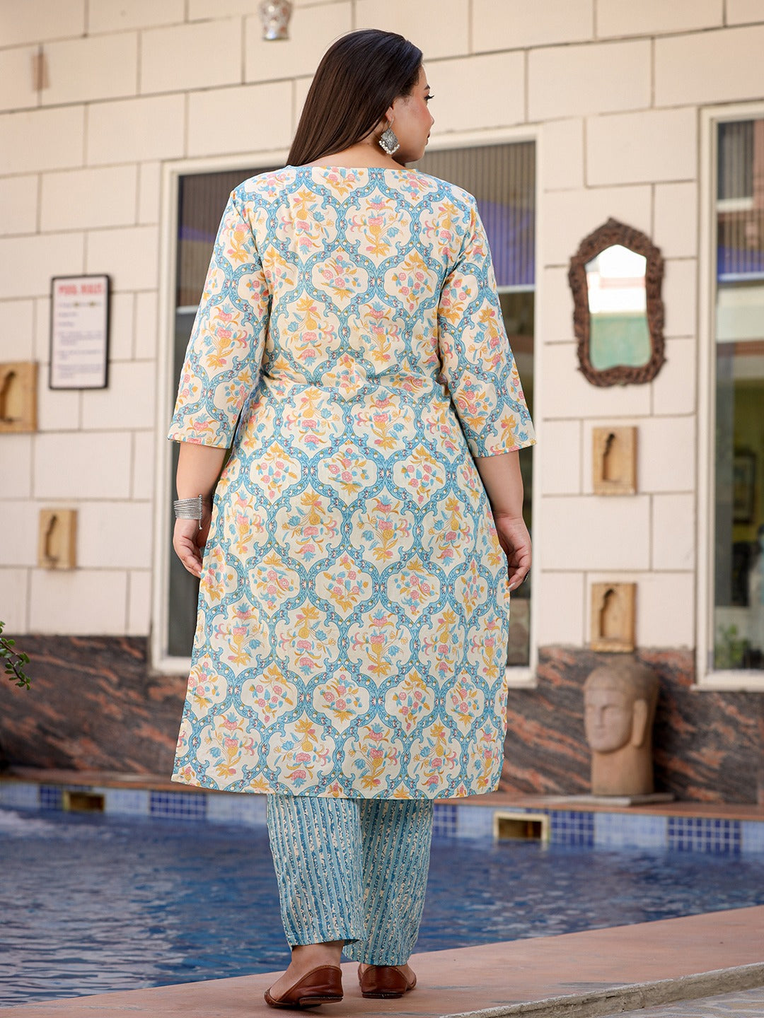 Plus Size Floral Printed Kantha Work Pure Cotton Kurta with Trousers & Dupatta-Yufta Store-1111PSKDSB3XL