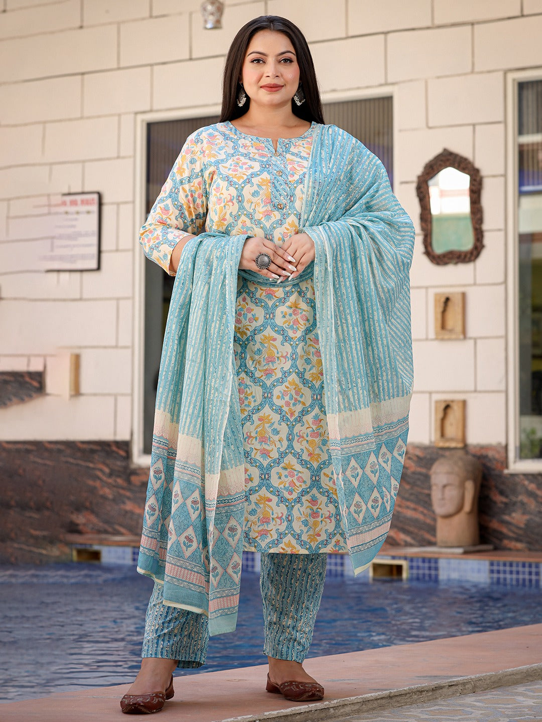 Plus Size Floral Printed Kantha Work Pure Cotton Kurta with Trousers & Dupatta-Yufta Store-1111PSKDSB3XL