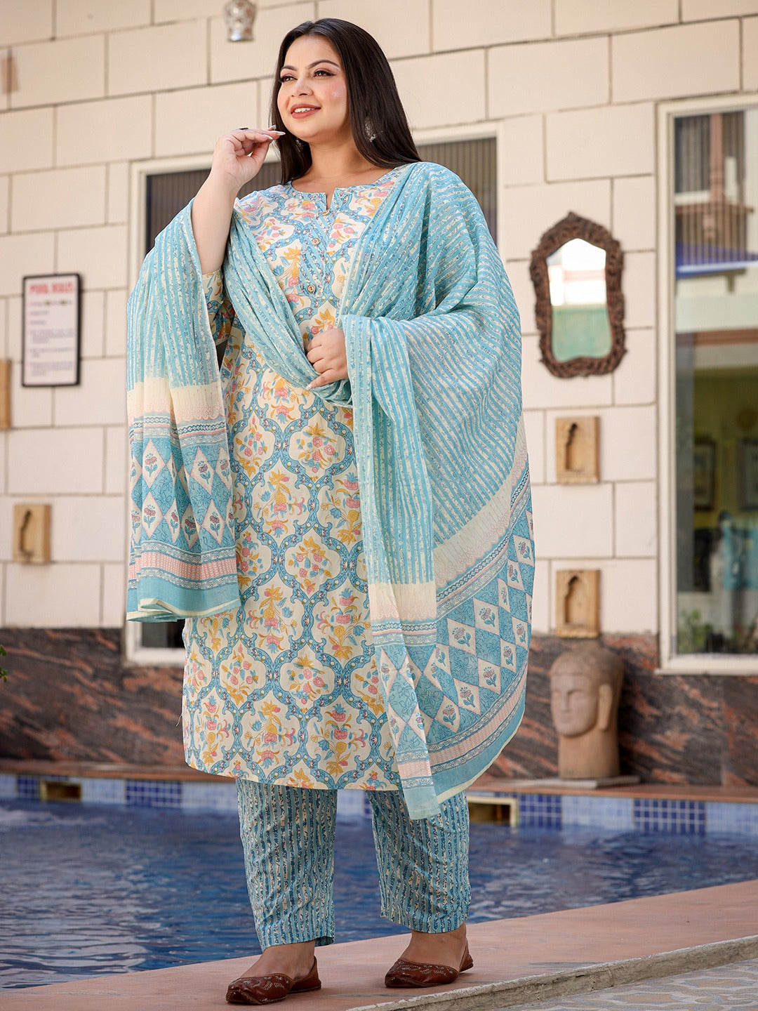 Plus Size Floral Printed Kantha Work Pure Cotton Kurta with Trousers & Dupatta-Yufta Store-1111PSKDSB3XL