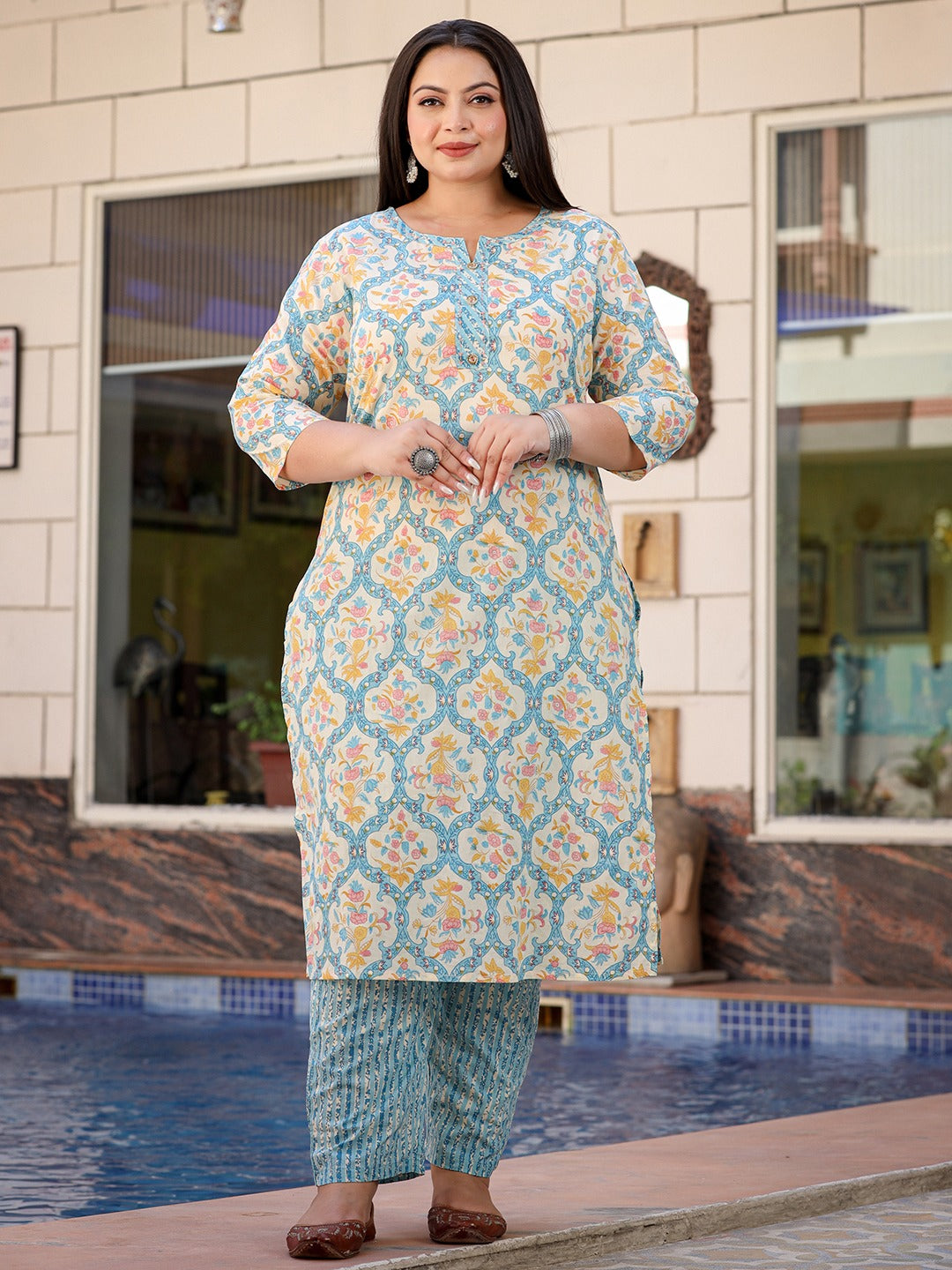 Plus Size Floral Printed Kantha Work Pure Cotton Kurta with Trousers & Dupatta-Yufta Store-1111PSKDSB3XL