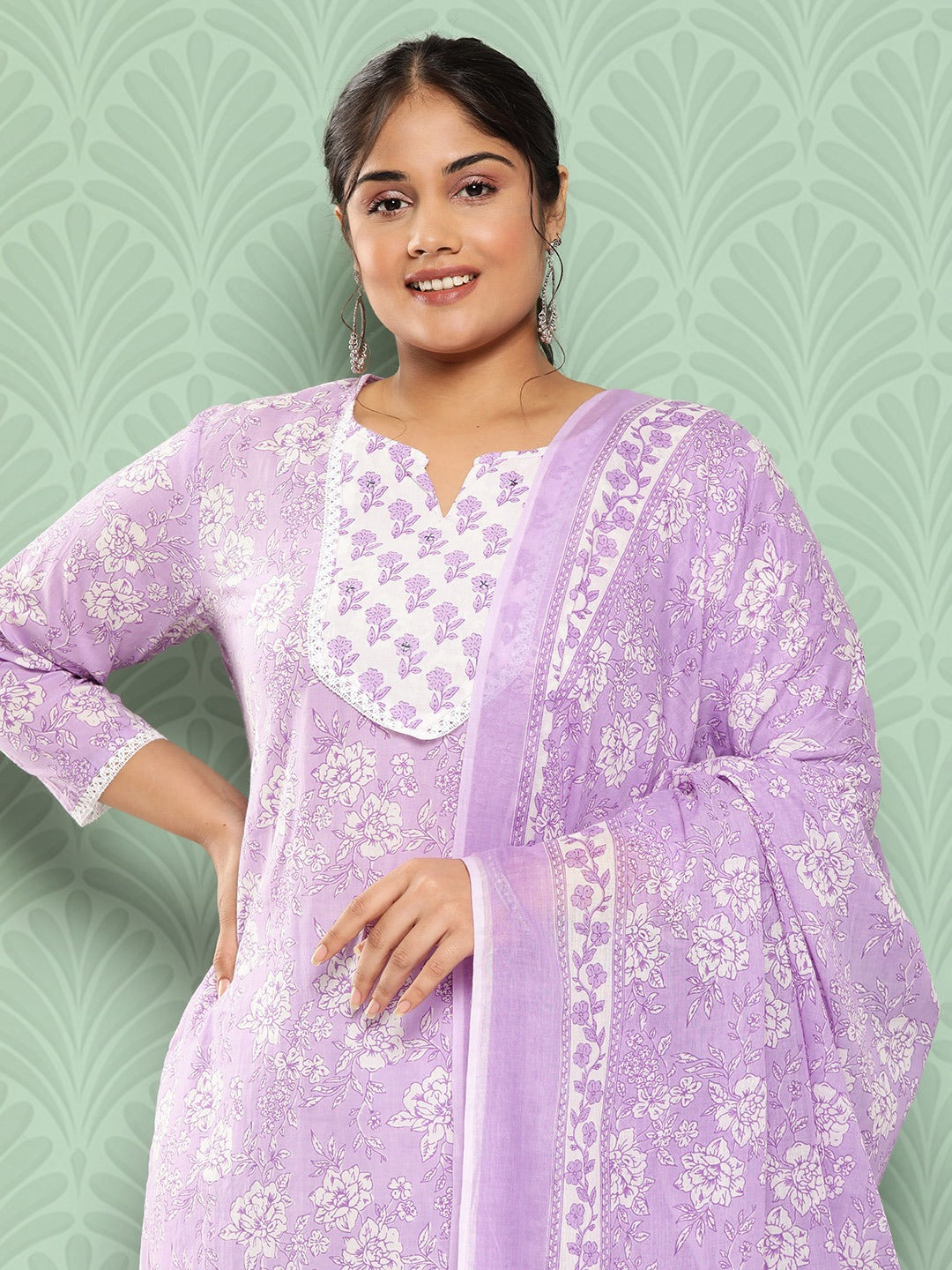 Plus Size Floral Printed Pure Cotton Kurta with Trousers & With Dupatta-Yufta Store-9812PSKDLV3XL