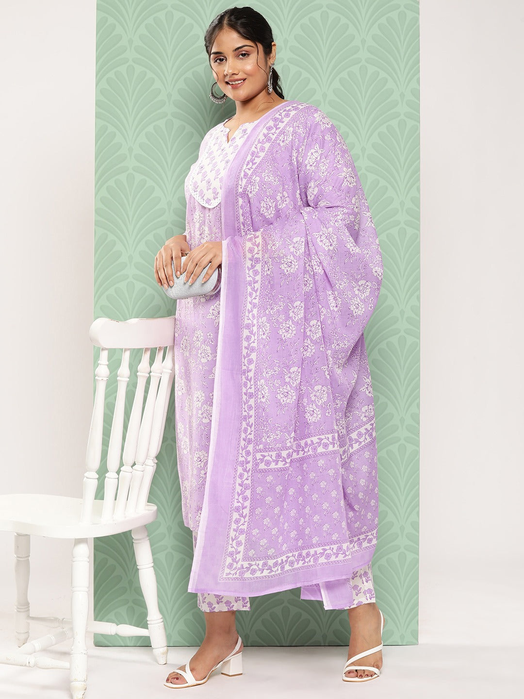 Plus Size Floral Printed Pure Cotton Kurta with Trousers & With Dupatta-Yufta Store-9812PSKDLV3XL